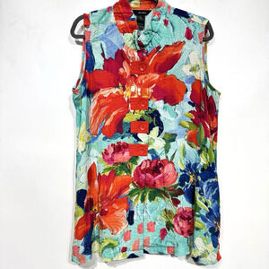 Ali Miles Bright Floral Button Tunic Sz L Multicolor Lagenlook Asian Inspired